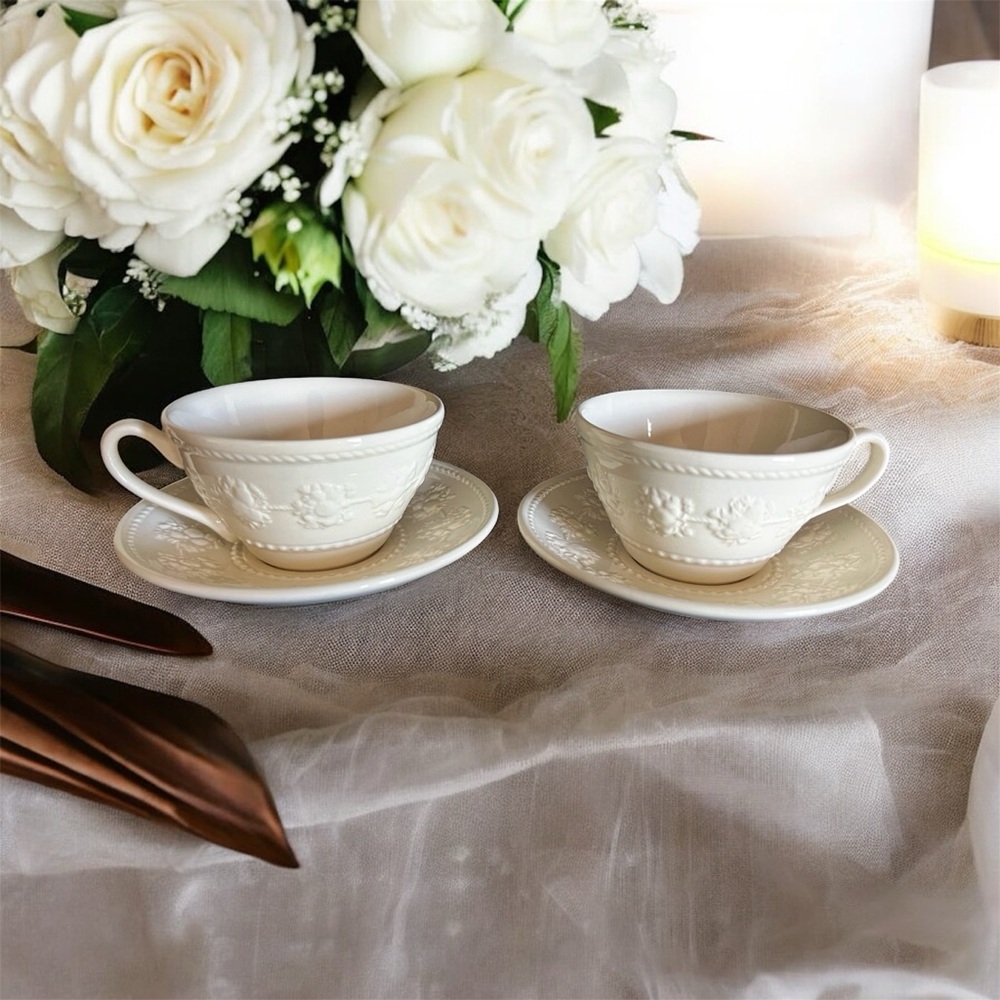 Wedgwood Embossed Queensware Tea Cup and Saucer Wedding Ivory Set of 2
